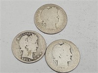 1904 & 2 Worn Silver Barber Quarters