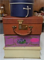 Jewelry boxes, 2 metal, hat box shape & suit case