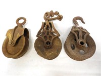 lot of 3 pulleys one with wooden wheel