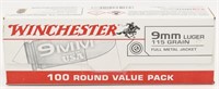 100 Rounds Of Winchester USA 9mm Luger Ammunition