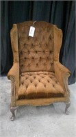 QUEEN ANNE WINGBACK CHAIR W/ ORANGE UPHOLSTERY