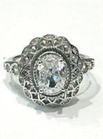 ANTIQUE STYLE OVAL ESTATE 1CT CZ STERLING RING