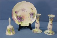 Floral Decorated Plate, Candlesticks & Bell