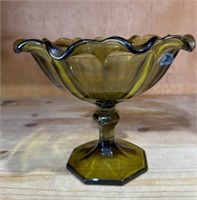 Tall Mid Century Green Glass Compote