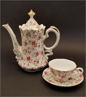 Lefton Rose Chintz Porcelain Tea/Coffee Pot w/ Cup