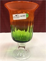 Art glass high standard vase green to orange 12”