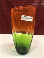 Art glass vase green to orange 12”
