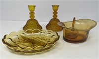 Amber Glass Candleholders, Bowls, Scoop