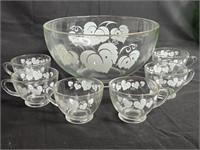 Anchor Hocking Gooseberry Pattern Punch Bowl w/ 6
