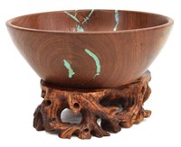 MESQUITE TURQUOISE INLAY BOWL ON TREE ROOT STAND