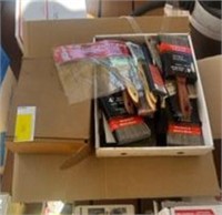 Box of paint brushes & Paint supplies