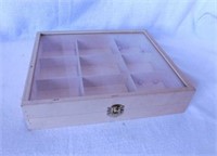 Divided wooden display box with glass lid,