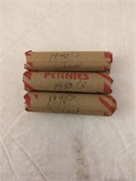 2 - 1940's, 1 - 1950's Wheat Penny Rolls