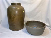 LARGE STONEWARE CROCK AND SPILL CROCK