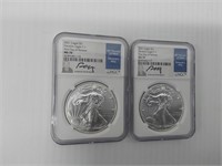 (2) 2021 MS-70 signed silver Eagles