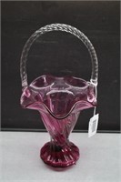 Fenton Spiral Cranberry Basket with Clear Handle