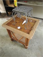 WROUGHT IRON PLANT STAND, ROPE BAMBOO TABLE