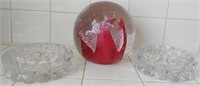 804 - BLOWN GLASS PAPER WEIGHT & 2 ASHTRAYS