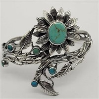 STERLING SILVER TURQUOISE FLORAL BRACELET 35G