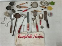 Vintage kitchen utensils, Campbell's soups apron