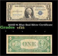 1935D $1 Blue Seal Silver Certificate Grades vf+