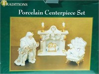 NIB Santa Porcelain Centerpiece w Fireplace & Dog