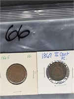 1865 & 1867 UNITED STATES 2 CENT PIECES