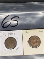 1864 & 1868 UNITED STATES 2 CENT COINS