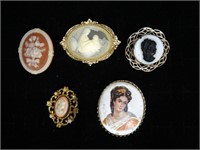 Mid-Century Carved Cameo Style Goldtone Brooches