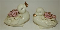 Ivory Porcelain Ducks with Applied Pink Roses
