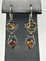 Sterling Silver Citrine & Genuine Amber Earrings