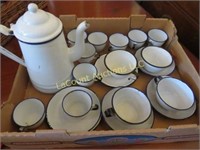 vintage enamelware coffee pot cups saucers