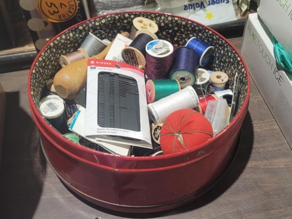Tin Container W/Sewing Accessories