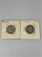 (2) 1939 D Washington Silver Quarters