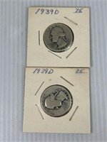 (2) 1939 D Washington Sliver Quarters