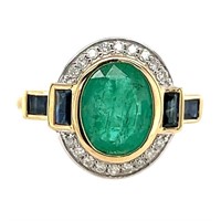 14ct y/g emerald, sapphire & dia ring