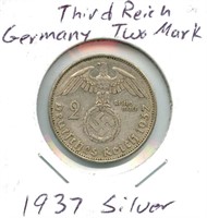 1937 German Third Reich Two Mark Silver Coin