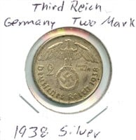 1938 German Third Reich Two Mark Silver Coin