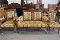 ANTIQUE UPHOLSTERED SETTEE & 2 CHAIRS