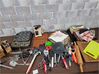 Kitchen knives, muffin tins, tools, etc