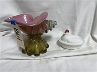 Nesting Chicken & Blown Glass Vase 7"H