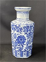 Asian style floral blue & white porcelain vase