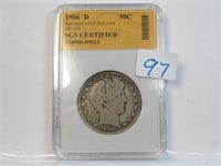 1906 D Barber Half Dollar SGS Certified 90% Silver