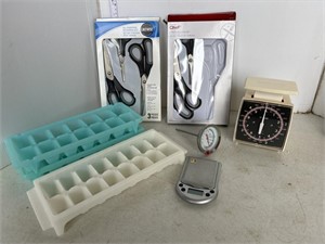 Lot: ice cube trays, scale, misc