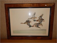 Signed Leon Danchin Colored Etching Ducks Flying