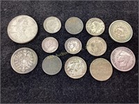 (13) foreign silver coins total weight 53.1 grams