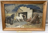 Marion Ewald Horse Stall WPA Oil Painting