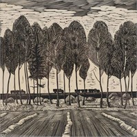 Linocut Wooded Landscape Initialed BM