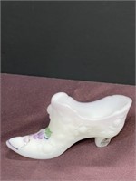 Fenton satin glass shoe slipper hand painted with