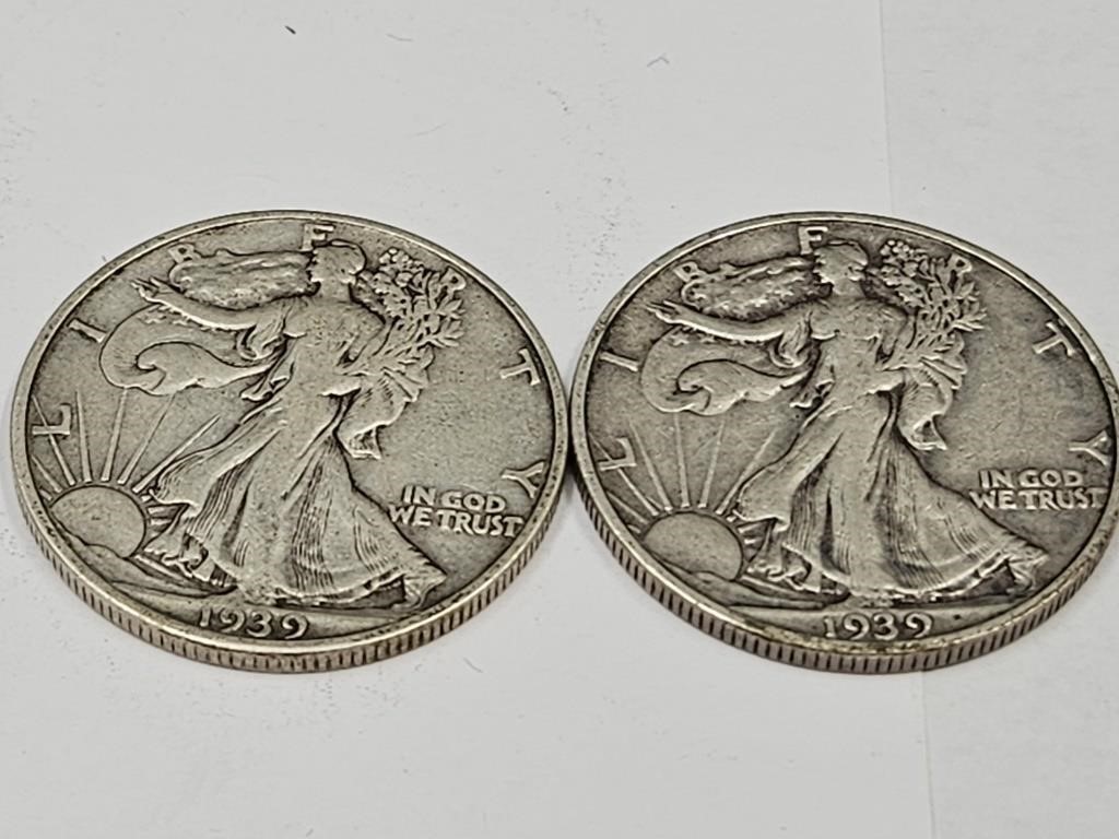 2-1939 S Walking Liberty 1/2 Dollar Silver Coin